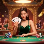Play exciting casino slots with toto as a beautiful Asian woman expertly strategizes her poker game at a luxury table.
