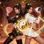 Engage with ufo777's thrilling games showcased by twin Asian women holding opposing playing cards amidst stunning casino imagery.