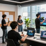 Team collaborating on Singapore Corporate Video Production in a modern studio with cameras and scripts.