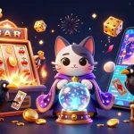 Experience the thrill of slots with IDCASH88 surrounded by vibrant casino symbols and magical elements.