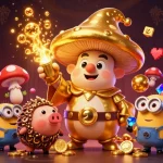 KADAL778 showcases players winning with a golden mushroom wizard and treasure-seeking pig in a colorful casino scene.