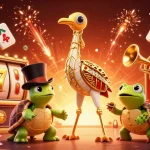 MPOID showcases vibrant slot gaming, featuring colorful characters among spinning game elements.