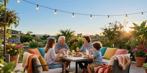 Family gathering around stylish outdoor seating furniture with vibrant cushions and cozy ambiance.
