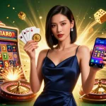 Sbobet88 showcases thrilling sports betting with vibrant casino elements and a confident player.