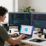 Developer working on Telegram software at a vibrant workspace, showcasing 纸飞机中文版 in a productive tech environment.