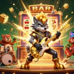 Experience thrilling moments with red888 as the rock star wolf and drummer bear bring excitement to the casino stage.