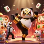 Illustration 3D dynamique de casino en ligne avec panda, chihuahua et spectateurs animaliers au milieu d'équipements de jeux