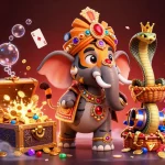 Visuel captivant de casino en ligne avec un tigre maharaja et des éléments de jeu, comme des machines à sous et des cartes.
