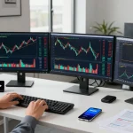spy stock analysis alongside cryptocurrency trends in a professional trading setup featuring blockchain interfaces and digital wallets