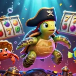 Captura la acción de apuestas con casas de apuestas en un entorno de lotería, mostrando una tortuga pirata y un cangrejo.