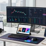 Cricbet trading workspace featuring cryptocurrency dashboard, digital wallet, and NFT art analysis in a professional tech environment.