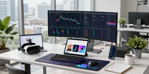 Cricbet trading workspace featuring cryptocurrency dashboard, digital wallet, and NFT art analysis in a professional tech environment.