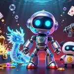 sman2manokwari mempersembahkan robot 3D futuristik dengan elemen kasino dan harta karun bawah laut yang berkilau.