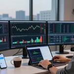 Trader using MetaTrader 5 on multiple screens in a modern trading workspace.