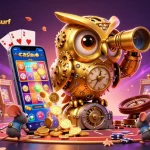 Découvrez le casino en ligne neosurf avec une illustration riche en détails, mettant en scène une chouette dorée et des éléments de jeu