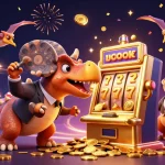 daga68 casino features playful dinosaurs engaging in lively slot action, capturing excitement of gambling.
