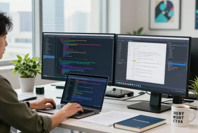 https://www.bdtjl.app/ showcases a vibrant workspace with a developer coding on multiple screens in an ergonomic setting.