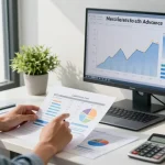 Business finance professional assessing cash flow with merchant cash advance companies data in modern office setting.