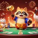 Giocatori divertendosi nei migliori siti poker online con un tanuki che tiene un martello fortunato.