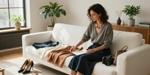 Una consulente di stile esamina il suo guardaroba capsula, circondata da accessori eleganti e luce naturale.