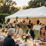 Marquee hire London setup in a beautiful garden, showcasing elegant decorations and smiling guests enjoying an outdoor event.