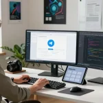 Workspace featuring telegramin-cn.com interface on monitors, modern tech environment.