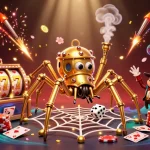 Unleash winning strategies at zoccer casino with vivid 3D illustration of a golden spider and fly.