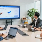 Team discussing the 纸飞机中文版 app in a modern office setting, showcasing collaboration and innovative technology.