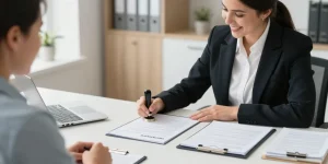 Notary public in Derby assisting a client with document signing in a professional office setting.
