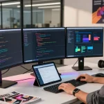 Workspace showcasing software development for telegraimin.com with modern monitors and vibrant coding.