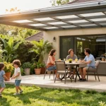 Familie unter einer freistehenden Terrassenüberdachung im Garten genießt die Sonne.