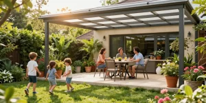 Familie unter einer freistehenden Terrassenüberdachung im Garten genießt die Sonne.