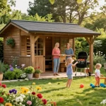 Gemütliches Gartenhaus im Garten mit spielenden Kindern und Grillparty.