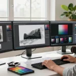 Designer using 截图工具 in a modern workspace for efficient productivity and creativity.