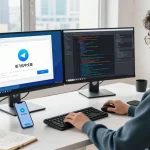 A developer using Telegram's 纸飞机中文版 on dual monitors in a bright tech workspace, showcasing productivity and modern design.
