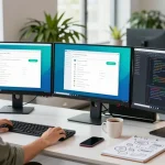 Developer working on Telegram Web Version interface with multiple monitors in a modern office setup.