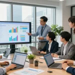 Team analyzing business energy rates in a modern corporate office.