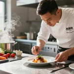 Chef showcasing MBM culinary techniques amid fresh ingredients and vibrant kitchen.