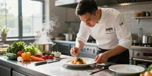 Chef showcasing MBM culinary techniques amid fresh ingredients and vibrant kitchen.