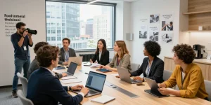 Fotografo aziendale Milano che cattura un team in riunione in un ambiente moderno e professionale.