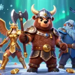 Zoccer casino scene with Viking and Valkyrie, featuring colorful game elements and slot machines