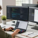 Developer coding at a modern workspace on teiegramin.com, showcasing productivity and creativity.