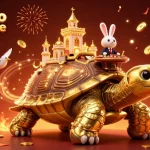 Illustration dynamique de casino en ligne avec tortue dorée et jeux de machines à sous.