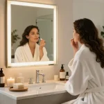 Beautiful bathroom vanity scene featuring a woman applying makeup with elegant decor and natural light.