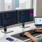 Dynamic tech workspace with a developer coding Telegram's interface, emphasizing 纸飞机中文版 and a modern aesthetic.