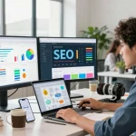 SEO specialist analyzing trends at https://www.www456bd.com/ in a vibrant marketing workspace.