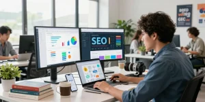 SEO specialist analyzing trends at https://www.www456bd.com/ in a vibrant marketing workspace.