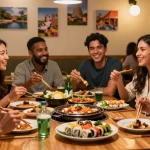 Friends enjoying Asian cuisine at https://hanadultalk.com cafe, celebrating cultural exchange with joyful atmosphere.
