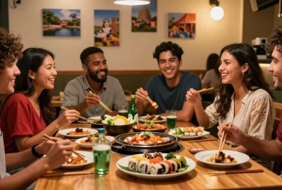 Friends enjoying Asian cuisine at https://hanadultalk.com cafe, celebrating cultural exchange with joyful atmosphere.