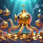 Un kraken sous-marin doré émerge dans un océan de pièces d'or sur le casino en ligne.